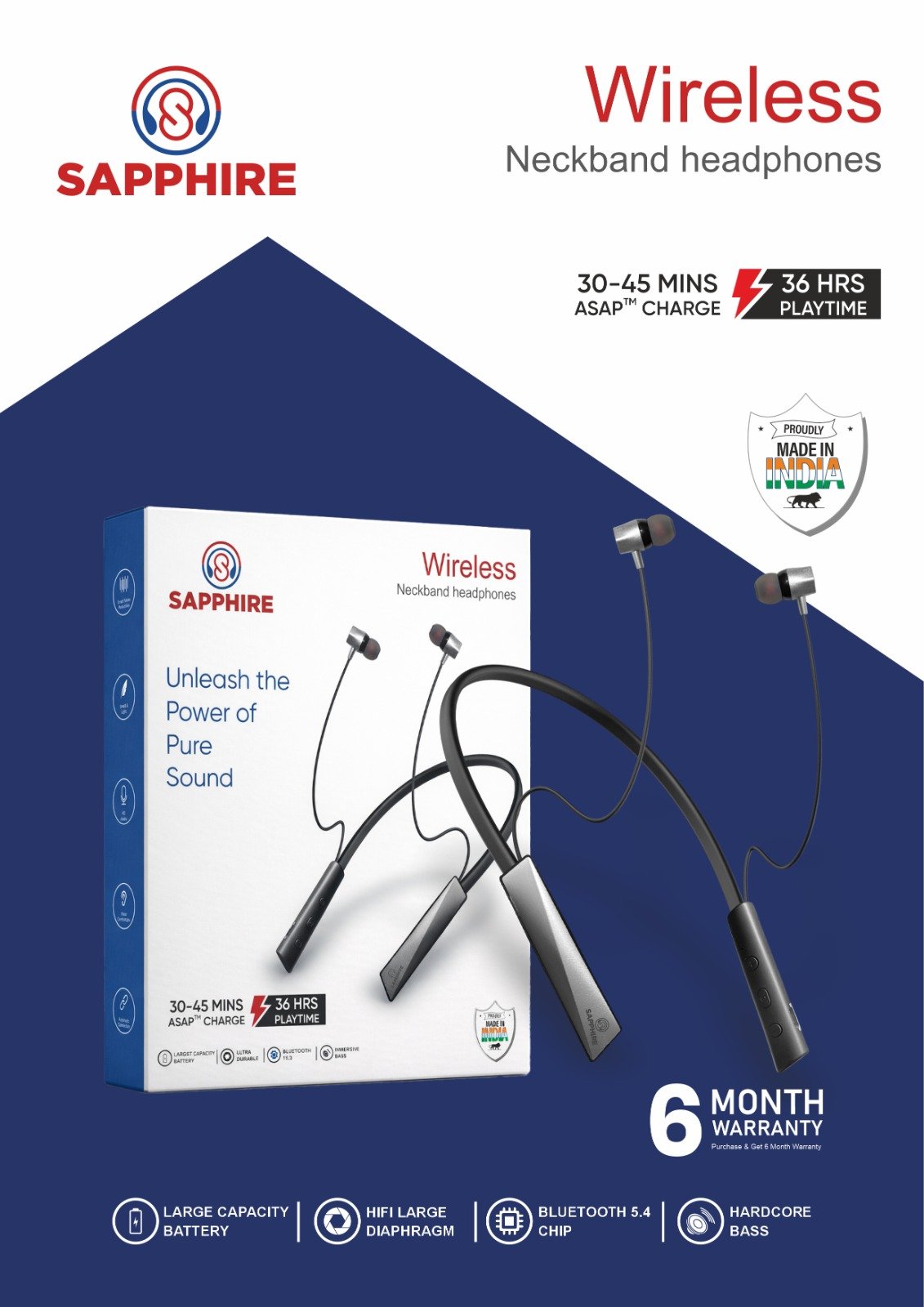 SAPPHIRE Wireless Neckband Earphones with Fast Charging & 36 Hours Playtime