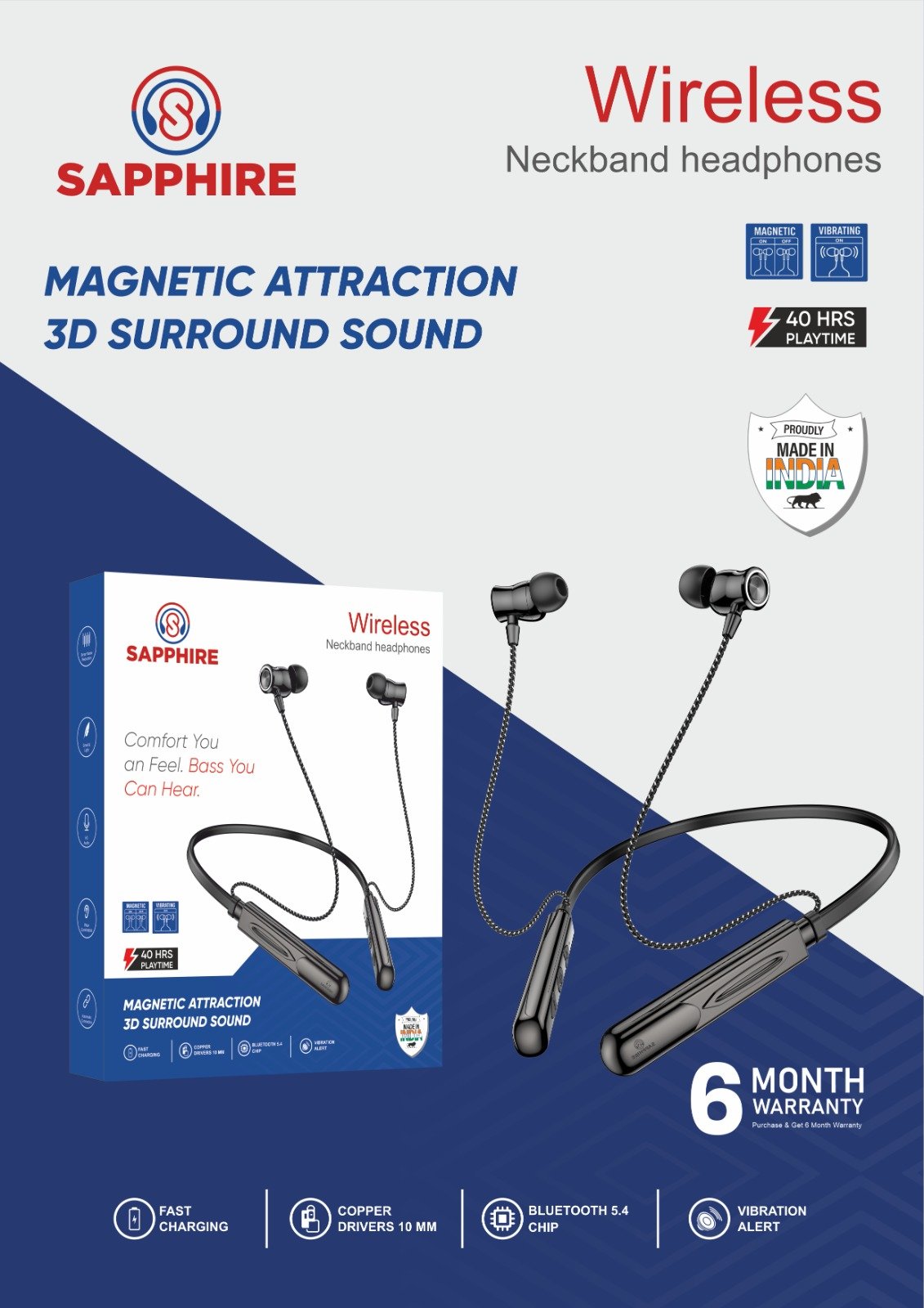SAPPHIRE Wireless Neckband Headphones with Magnetic Earbuds, 3D Surround Sound & Long Battery Life
