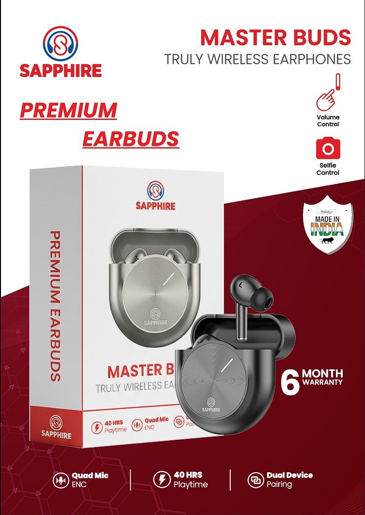 SAPPHIRE Master Buds Truly Wireless Earbuds with Quad Mic ENC, 40 Hours Playtime & Dual Device Pairing