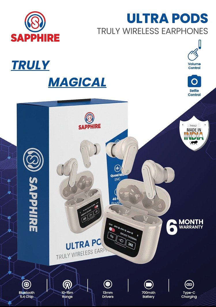SAPPHIRE Ultra Pods Truly Wireless Earphones with Bluetooth 5.4, 13mm Drivers, 700mAh Battery & Touch Controls